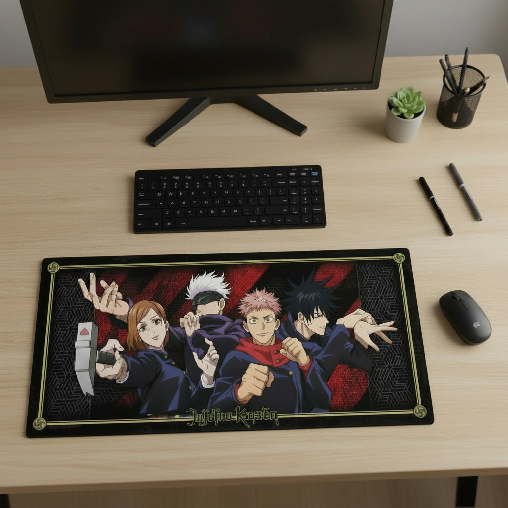 Jujutsu Kaisen muismat 90x40 in gebruik op een gaming bureau